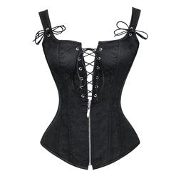 Gothic Style Black Jacquard Boned Wide Straps Lace Up Bustier Vest Corset N18708