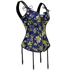 Victorian Gothic Floral Jacquard Boned Wide Straps Lace Up Bustier Vest Corset N18709