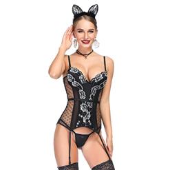 Sexy Black Sheer Mesh Floral Lace Spaghetti Straps Plastic Bone Lingerie Bustier Corset N18711