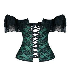 Victorian Gothic Satin Off Shoulder Floral Lace Waist Cincher Plastic Boned Overbust Corset N18714