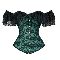 Victorian Gothic Satin Off Shoulder Floral Lace Waist Cincher Plastic Boned Overbust Corset N18714