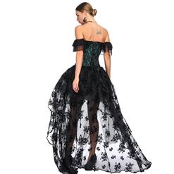 Victorian Gothic Green Satin Off Shoulder Floral Lace Overbust Corset with Organza High Low Skirt Set N18717