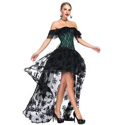 Victorian Gothic Green Satin Off Shoulder Floral Lace Overbust Corset with Organza High Low Skirt Set N18717