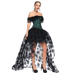 Victorian Gothic Green Satin Off Shoulder Floral Lace Overbust Corset with Organza High Low Skirt Set N18717