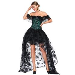 Victorian Gothic Green Satin Off Shoulder Floral Lace Overbust Corset with Organza High Low Skirt Set N18717