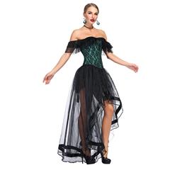 Victorian Gothic Green Satin Off Shoulder Floral Lace Overbust Corset with Organza High Low Skirt Set N18718