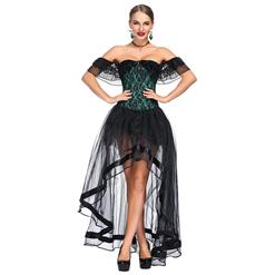 Victorian Gothic Green Satin Off Shoulder Floral Lace Overbust Corset with Organza High Low Skirt Set N18718