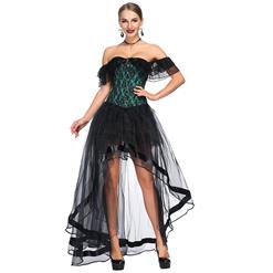 Victorian Gothic Green Satin Off Shoulder Floral Lace Overbust Corset with Organza High Low Skirt Set N18718