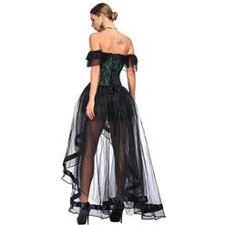 Victorian Gothic Green Satin Off Shoulder Floral Lace Overbust Corset with Organza High Low Skirt Set N18718