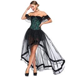 Victorian Gothic Green Satin Off Shoulder Floral Lace Overbust Corset with Organza High Low Skirt Set N18718