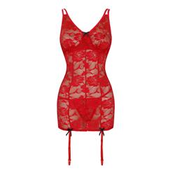 Sexy Red  See-through Floral Lace Spaghetti Straps Chemise Lingerie Set N18735