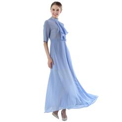 Elegant Light Blue Chiffon Ruffle Turtleneck Half Sleeve Sheer Mesh High Waist Ankle Length Dress N18762
