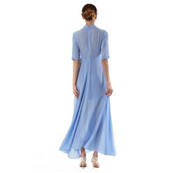 Elegant Light Blue Chiffon Ruffle Turtleneck Half Sleeve Sheer Mesh High Waist Ankle Length Dress N18762