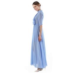 Elegant Light Blue Chiffon Ruffle Turtleneck Half Sleeve Sheer Mesh High Waist Ankle Length Dress N18762