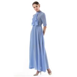 Elegant Light Blue Chiffon Ruffle Turtleneck Half Sleeve Sheer Mesh High Waist Ankle Length Dress N18762