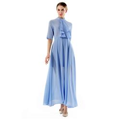 Elegant Light Blue Chiffon Ruffle Turtleneck Half Sleeve Sheer Mesh High Waist Ankle Length Dress N18762