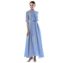 Elegant Light Blue Chiffon Ruffle Turtleneck Half Sleeve Sheer Mesh High Waist Ankle Length Dress N18762