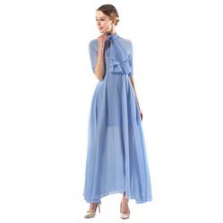 Elegant Light Blue Chiffon Ruffle Turtleneck Half Sleeve Sheer Mesh High Waist Ankle Length Dress N18762