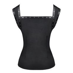 Gothic Style Rivet PU Leather Lace-up Short Sleeve Square Collar Crepe Blouse Top N18788