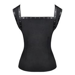 Gothic Style Rivet PU Leather Lace-up Short Sleeve Square Collar Crepe Blouse Top N18788