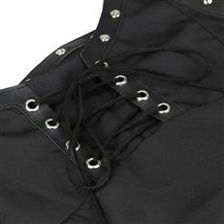 Gothic Style Rivet PU Leather Lace-up Short Sleeve Square Collar Crepe Blouse Top N18788