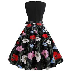 Vintage V Neck Black Bodice and Colorful Flower Pattern Splicing Sleeveless Summer Swing Dress N18824