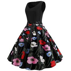 Vintage V Neck Black Bodice and Colorful Flower Pattern Splicing Sleeveless Summer Swing Dress N18824