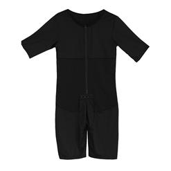 Men's Black Zipper Closure Round Neckline Short Sleeves Shapewear Body Shaper Bodysuit for Sport N18886