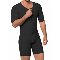 Men's Black Zipper Closure Round Neckline Short Sleeves Shapewear Body Shaper Bodysuit for Sport N18886