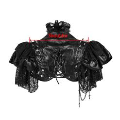 Gothic Black PU Leather Lace Cape Black Chain Steampunk Rivet and Cross Embellished Shrug N19017