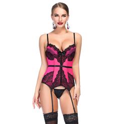 Sexy Hot-pink Mesh Spaghetti Straps Floral Lace Stretchy Chemise Bustier Corset N19096