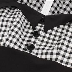 Vintage Black and White Check Lapel Short Sleeve High Waist A-line Midi Dress N19142