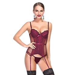 Sexy Wine Red Sheer Mesh and Lace Spaghetti Straps Stretchy Lingerie Bustier Corset N19200