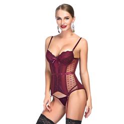 Sexy Wine Red Sheer Mesh and Lace Spaghetti Straps Stretchy Lingerie Bustier Corset N19200