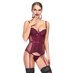 Sexy Wine Red Sheer Mesh and Lace Spaghetti Straps Stretchy Lingerie Bustier Corset N19200