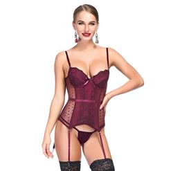 Sexy Wine Red Sheer Mesh and Lace Spaghetti Straps Stretchy Lingerie Bustier Corset N19200