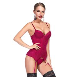 Charming Fuchsia Mesh and Floral Lace Spaghetti Straps Stretchy Chemise Bustier Corset N19203