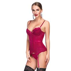 Charming Fuchsia Mesh and Floral Lace Spaghetti Straps Stretchy Chemise Bustier Corset N19203