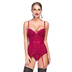 Charming Fuchsia Mesh and Floral Lace Spaghetti Straps Stretchy Chemise Bustier Corset N19203