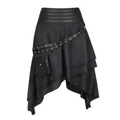 Victorian Gothic Multi-layered Asymmetrical Hemline High Waist Skirt PU Leather Pocket Belt N19281