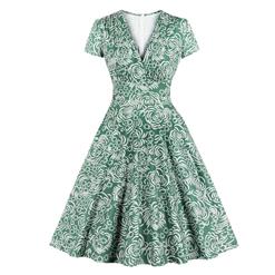 Sexy Deep-V Green Daisy Printing Short Sleeve Slim Waist Cocktail Party Swing Dress N19407