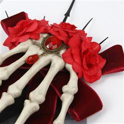 Steampunk Hand Bone Red Flower Hairpin Brooch Halloween Accessory N19539