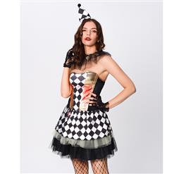 Women's Harlequin Horror Circus Girl Clown Mini Dress Cosplay Halloween Costume N19543