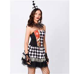 Women's Harlequin Horror Circus Girl Clown Mini Dress Cosplay Halloween Costume N19543