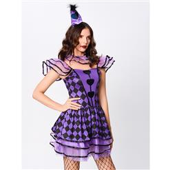 4pcs Deluxe Sexy Circus Clown Purple Grid Mini Dress  Black Heart Queen Cosplay Costume N19551