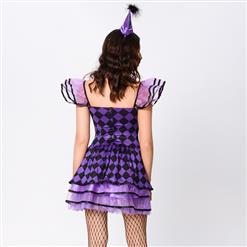 4pcs Deluxe Sexy Circus Clown Purple Grid Mini Dress  Black Heart Queen Cosplay Costume N19551