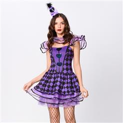 4pcs Deluxe Sexy Circus Clown Purple Grid Mini Dress  Black Heart Queen Cosplay Costume N19551