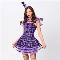 4pcs Deluxe Sexy Circus Clown Purple Grid Mini Dress  Black Heart Queen Cosplay Costume N19551