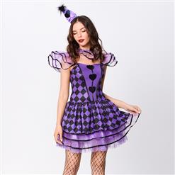 4pcs Deluxe Sexy Circus Clown Purple Grid Mini Dress  Black Heart Queen Cosplay Costume N19551