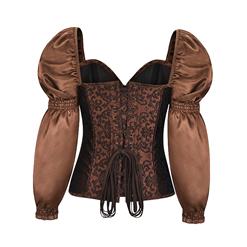 Vintage Renaissance Jacquard Brocade 12 Steel Boned Puff Sleeve Overbust Corset Top N19576